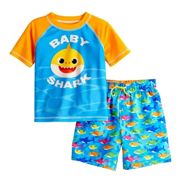 NWT PinkFong 2-Piece Baby Shark Swim Trunks Rash Guard Shirt Shorts Set Size 4T - Picture 4 of 4